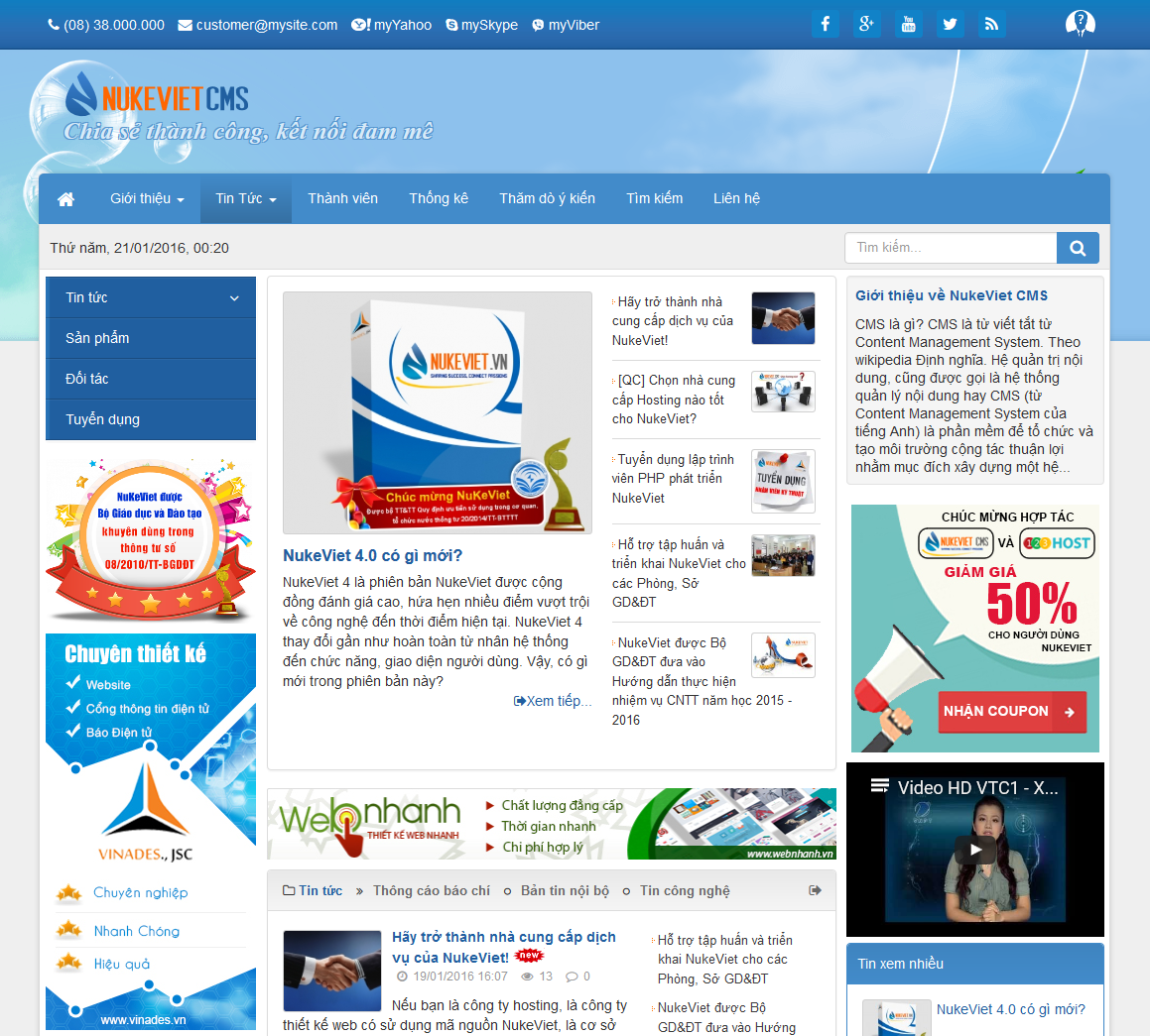 Giao diện website NukeViet CMS 4.0 RC1 ngay sau khi cài đặt
