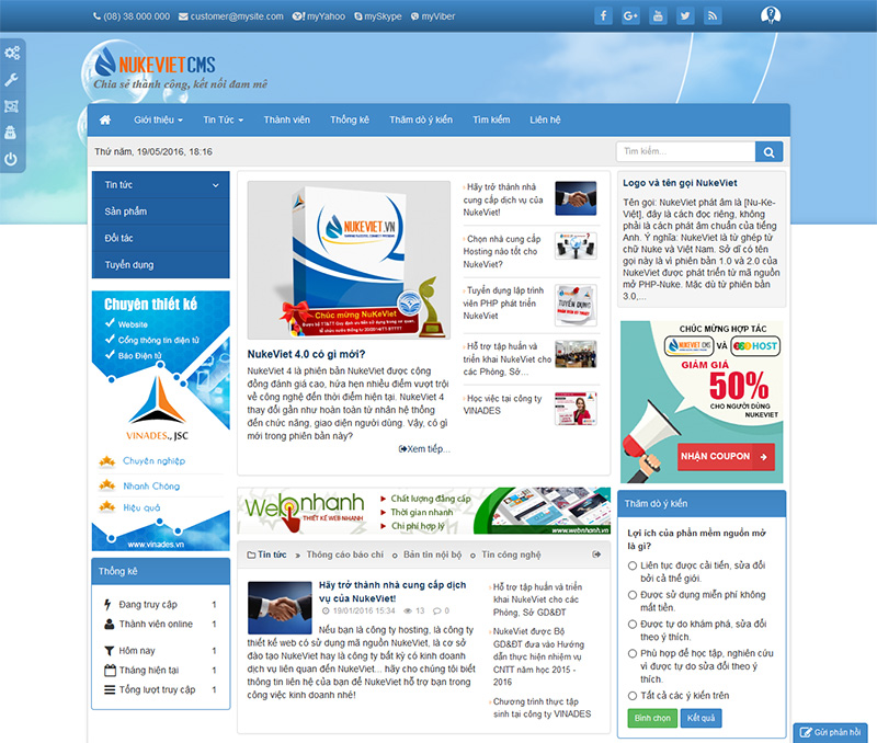 Giao diện website vừa được cài đặt bằng phần mềm NukeViet CMS 4.0