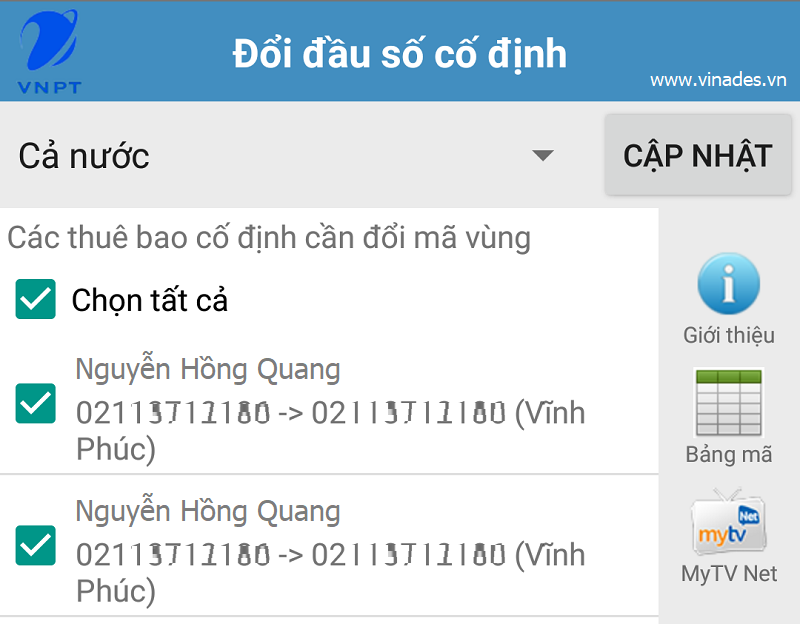 Ảnh chụp màn hình phần mềm cập nhật số điện thoại!
