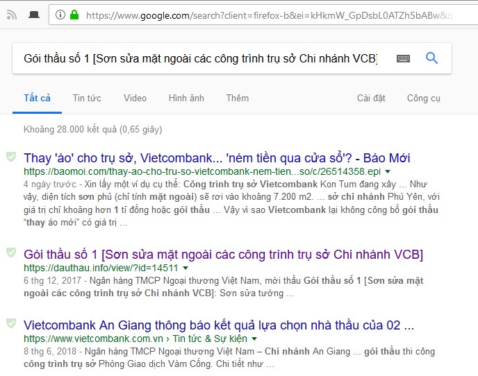 Ảnh chụp màn hình tìm kiếm Google theo tên gói thầu