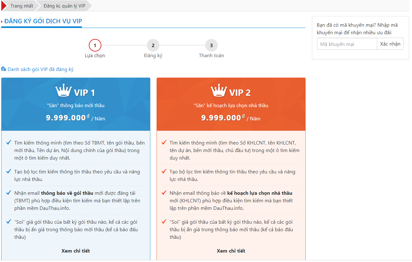 Giao diện khi đăng ký gói phần mềm và nhập mã giảm giá của DauThau info