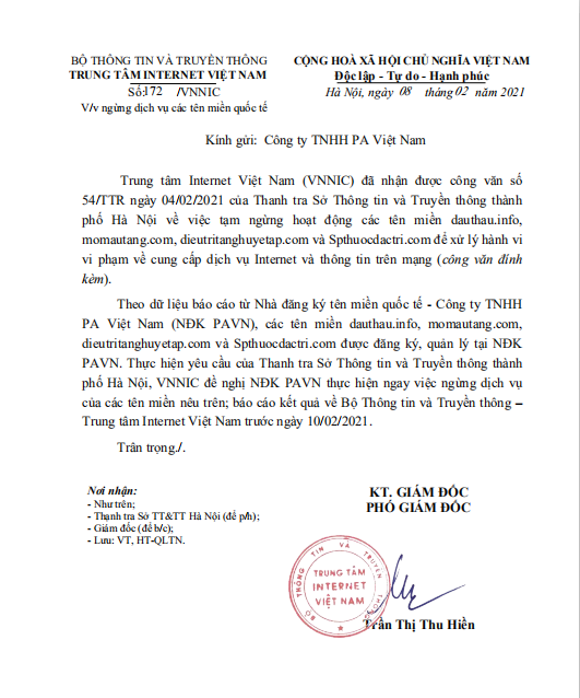 Công văn do VNNIC gửi Pavietnam mà Pavietnam gửi kèm email thông báo cho VINADES