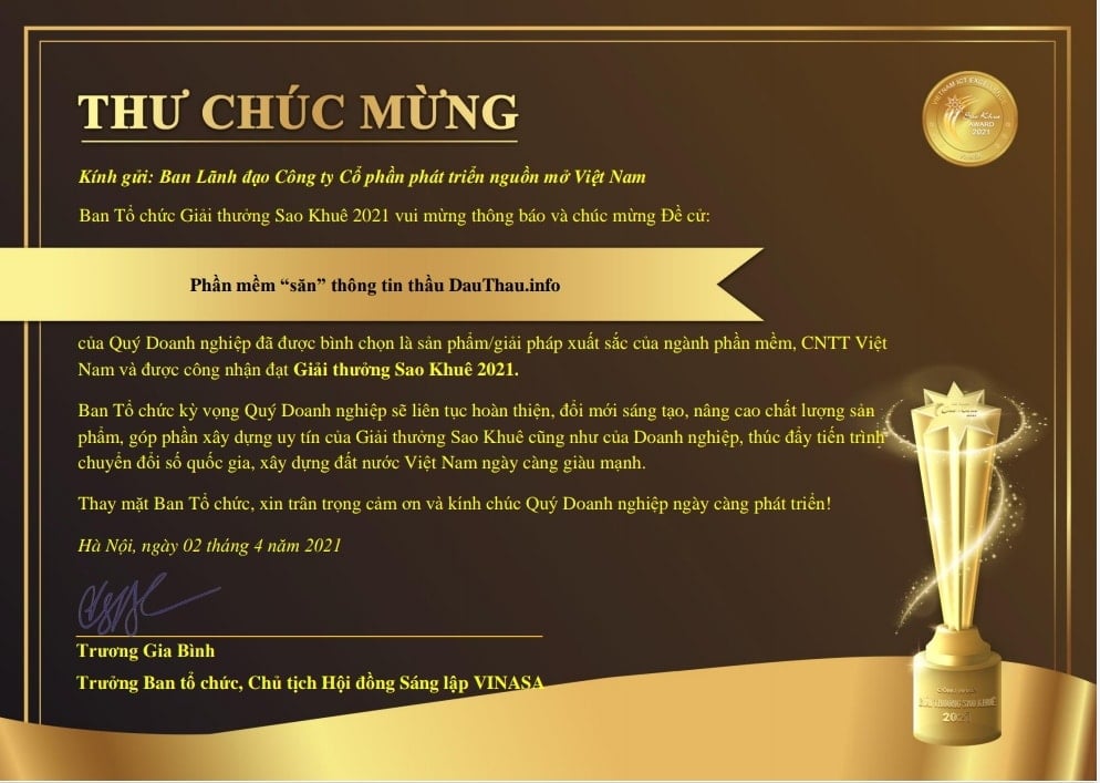 DauThau.info vinh dự nhận được giải thưởng Sao Khuê 2021