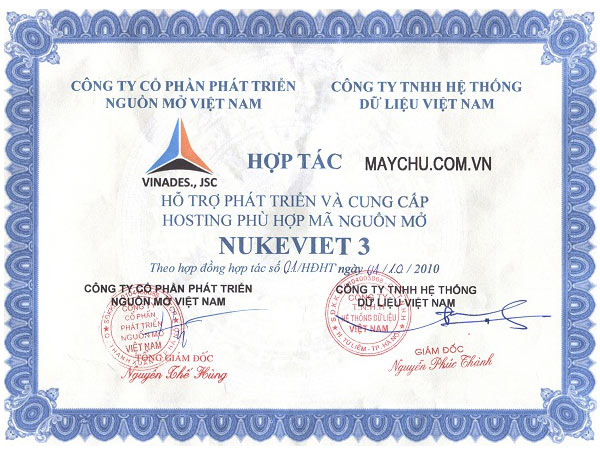 Ảnh: Chứng nhận hợp tác giữa VINADES.,JSC và maychu.com.vn trong việc phát triển NukeViet.
